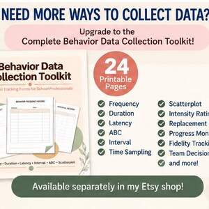 May include: A Behavior Data Collection Toolkit featuring 24 printable pages for school professionals. The document includes tracking forms for frequency, duration, latency, ABC, interval, time sampling, scatterplot, intensity, and progress monitoring.