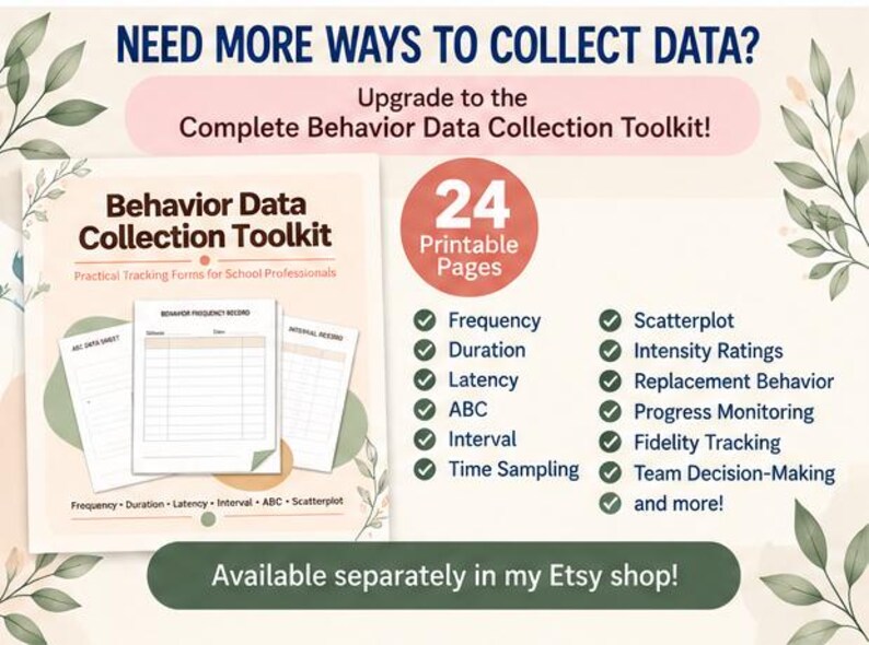 May include: A Behavior Data Collection Toolkit featuring 24 printable pages for school professionals. The document includes tracking forms for frequency, duration, latency, ABC, interval, time sampling, scatterplot, intensity, and progress monitoring.