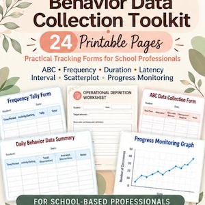 Peut inclure: Un kit d'outils de collecte de données comportementales avec 24 pages imprimables pour les professionnels de l'école. Inclut des formulaires pour la fréquence, les données ABC, les définitions opérationnelles et des graphiques.