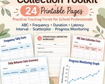 May include: A Behavior Data Collection Toolkit with 24 printable pages for school professionals. Includes forms for frequency, ABC data, operational definitions, daily summaries, and progress monitoring graphs with blue and red text.