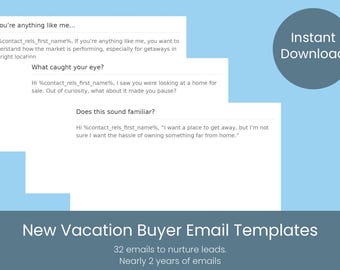Real Estate Agent Email Drip Templates, New Vacation Buyer Leads (Digital Download)