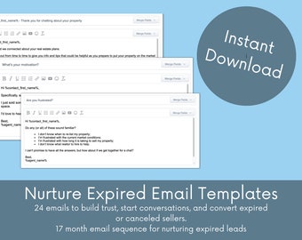NURTURE EXPIRED Email Drip Templates for Real Estate Agents, 24 Digital Download Realtor Marketing Email Campaign