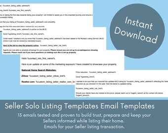 May include: Digital download of Seller Solo Listing Templates. The image shows a blue background with white text, including email templates and the words "Instant Download". The templates are designed to build trust and inform sellers.