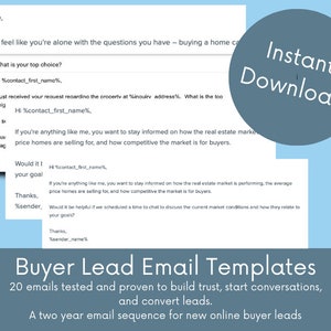 May include: A screenshot of a website offering a free download of 20 buyer lead email templates. The website claims the templates are tested and proven to build trust, start conversations, and convert leads. The templates are designed for a two-year email sequence for new online buyer leads.