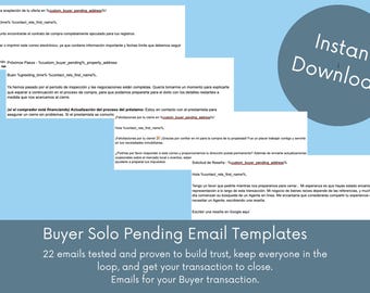 May include: A digital product image featuring email templates for real estate buyers. The templates are displayed on white paper against a light blue background. A gray circle with the words "Instant Download" is in the upper right corner. The text at the bottom reads "Buyer Solo Pending Email Templates".