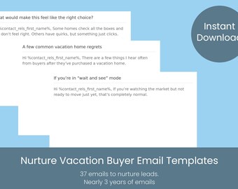Real Estate Nurture Vacation Buyer Email Templates, 40 Realtor Marketing Drip (Digital Download)