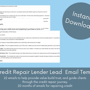 May include: A digital download graphic with the text "Instant Download" in a blue circle. The image includes text about credit repair, email templates, and credit score improvement. The background is light blue.