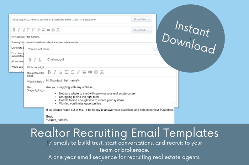Recruiting Real Estate Agent Email Drip Templates, 17 Digital Download