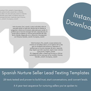 Könnte beinhalten: Grafik mit Sprechblasen mit spanischem Text und einem blauen Kreis mit "Instant Download". Das Bild wirbt für spanische Nurture Seller Lead Texting Templates mit 28 Texten, um Vertrauen aufzubauen.