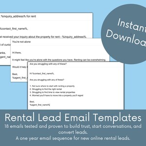 May include: A digital download of 18 email templates for rental leads. The templates are designed to build trust, start conversations, and convert leads. The text on the image reads "Instant Download" and "Rental Lead Email Templates".