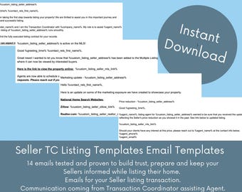 May include: A digital product image featuring email templates for real estate transactions. The templates are designed to assist sellers during the listing process. The image includes the text "Instant Download" and a list of email topics.