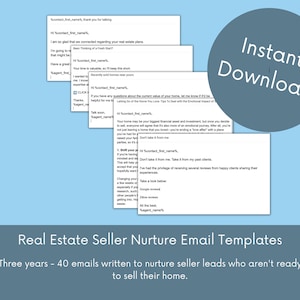 SELLER NUTURE Email Drip Templates for Real Estate Agents, 40 Digital Download Realtor Marketing Email Campaign