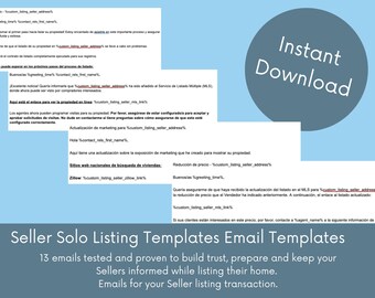May include: A light blue background with white text and a dark gray circle that says "Instant Download." The image shows email templates for sellers, with the text "Seller Solo Listing Templates Email Templates."