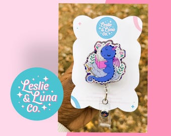 Blue Dragon Reading Badge Reel, Glitter Badge Reel, Retractable ID Badge Reel, Medical Badge Reel, Office Badge Reel, Dragon Badge Reel