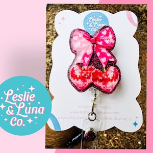 Vday Disco Cherry Bow Badge Reel, Glitter Badge Reel, Retractable ID Badge Reel, Office Badge Reel, Disco Cherry Bow Badge Reel, Cherry Bow