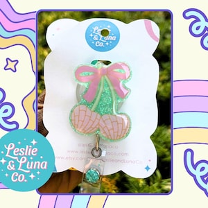 Pastel Concha Cherry & Bow Badge Reel, Glitter Badge Reel, Retractable Badge Reel, Pastel Concha Cherry Badge, Concha Cherry Bow Badge Reel