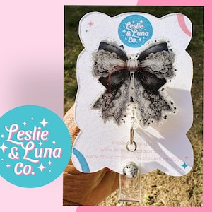 Black & White Lace Bow Badge Reel, Glitter Badge Reel, Einziehbare ID Badge Reel, Schwarze und weiße Spitze Bogen Badge Reel, Badge Reel mit Spitze