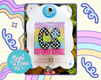 Customer Service Colorful Checkered Badge Reel, Glitter Badge Reel, Retractable Badge Reel, CS Badge Reel, Customer Service Colorful Badge