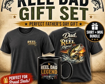 Reel Dad Gift Set Fishing Dad Shirt and Mug Bundle Fathers Day Gift for Dad Fisherman Gift for Him Matching Fishing Shirt and Mug