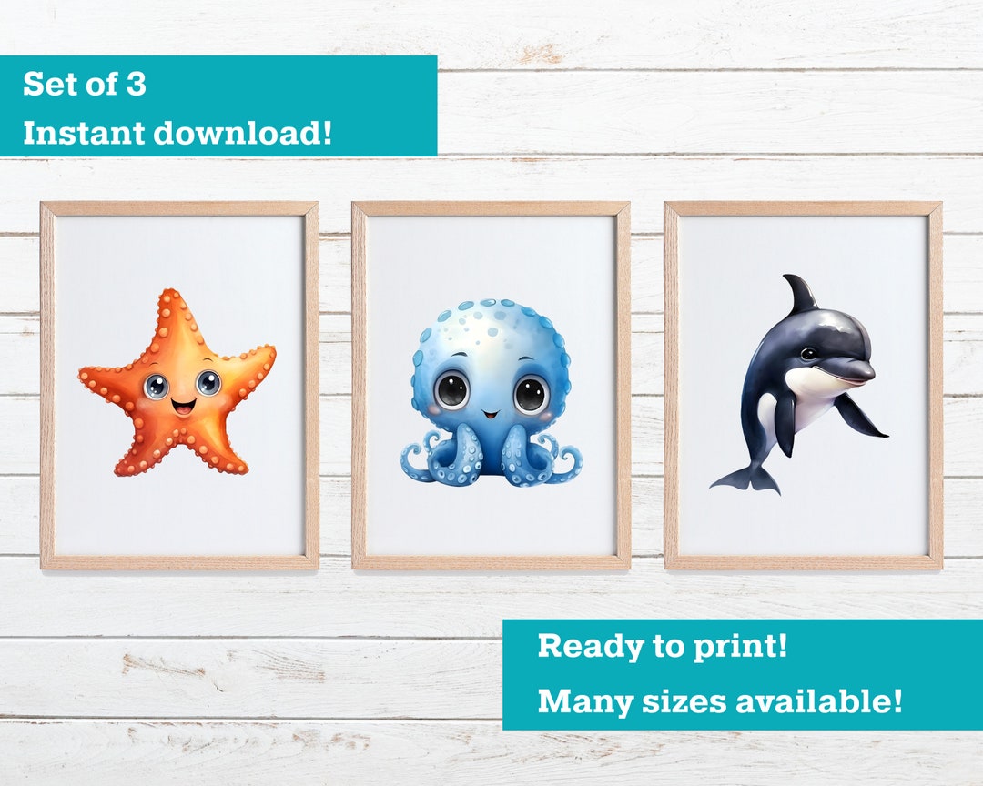 Nursery Wall Art Decor, Set of 3 Digital Images, Cute Baby Ocean Animal ...