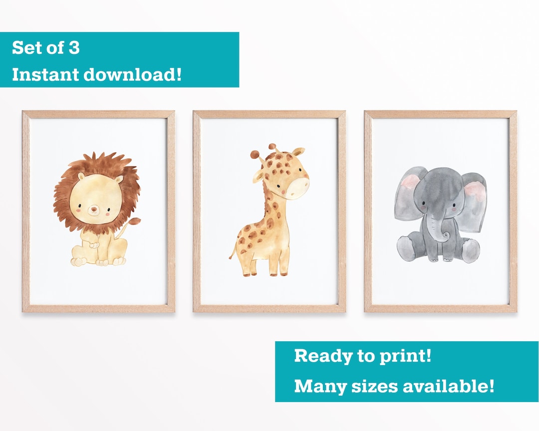 Nursery Wall Art Decor, Set of 3 Digital Prints, Cute Baby Safari ...