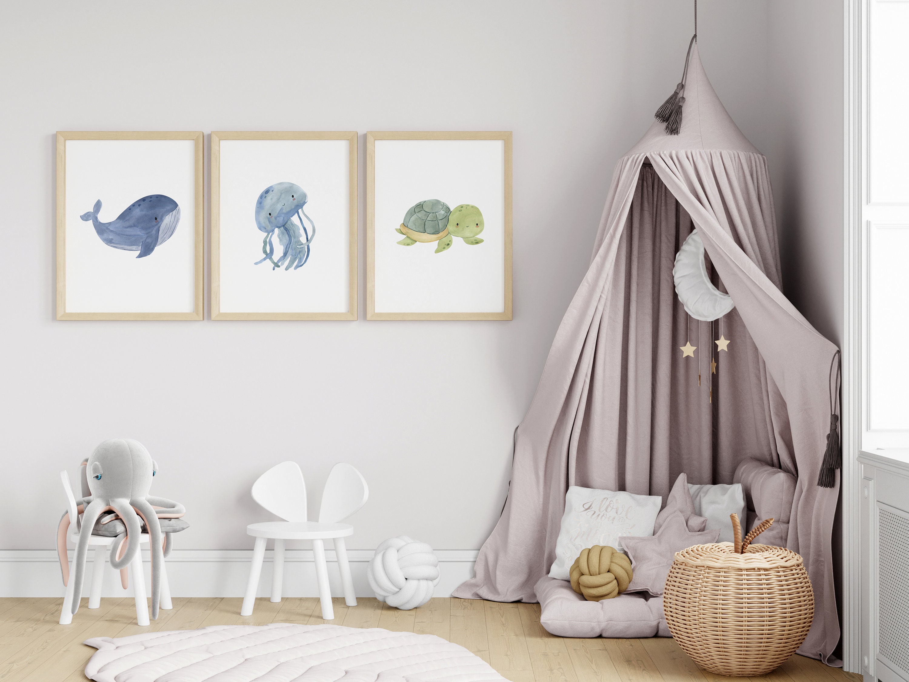 Nursery Wall Art Decor, Set of 3 Digital Images, Cute Baby Ocean Animal ...