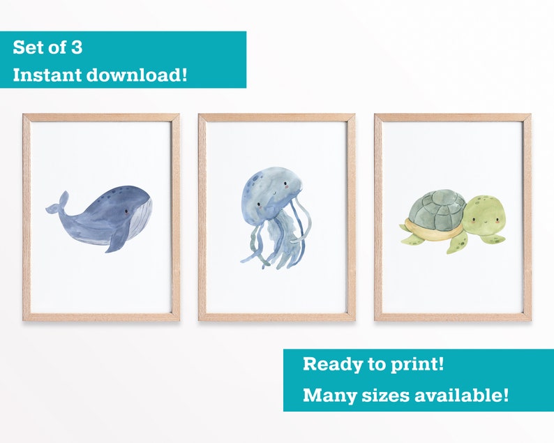 Nursery Wall Art Decor, Set of 3 Digital Images, Cute Baby Ocean Animal ...