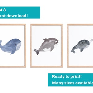 Nursery wall art decor, set of 3 digital images, cute baby ocean animal watercolor prints, whale, narwhal and orca