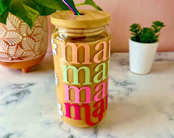 Mama Iced Coffee Cup Beer Can Glass Cup with LId & Rainbow Metal Straw | Mother’s Day Gift