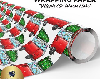 Hippie Christmas Cars Wrapping Paper, Hippies Wrapping Paper, Retro Vans, Boho Holiday Vibe, Red Camper Vans Gift, Festive Vintage Gift Wrap
