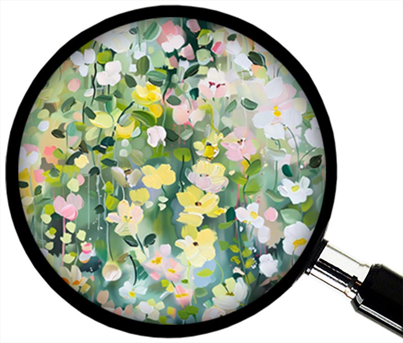 May include: A colorful floral painting viewed through a magnifying glass. The artwork features a variety of flowers in shades of yellow, pink, and white against a green background. The magnifying glass has a black frame and a silver handle.
