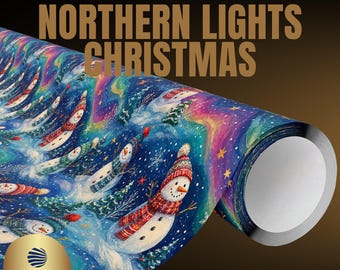 Northern Lights Christmas Wrapping Paper, Aurora Borealis Gift Wrap, Snowman Holiday Wrap, Winter Wonderland Gift Wrap, Cozy Christmas Decor