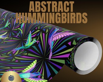 Abstract Hummingbirds Wrapping Paper, Colorful Hummingbird Pattern Gift Wrap, Black Rainbow Bird Wrapping Paper Roll, Nature Gift Wrap Art