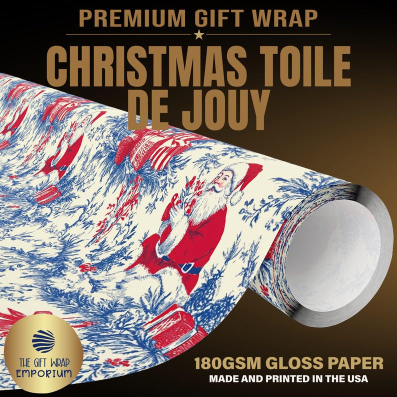 May include: A roll of 180gsm gloss gift wrap paper featuring a Christmas toile de jouy pattern with red and blue illustrations of Santa Claus and presents on a cream background. Text reads PREMIUM GIFT WRAP, CHRISTMAS TOILE DE JOUY.