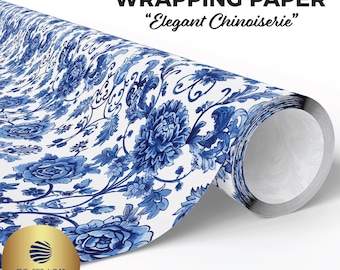 Elegant Chinoiserie Wrapping Paper, Blue and White Florals, Cottagecore Wrapping Paper, Traditional Toile Style, Vintage Asian Elegance