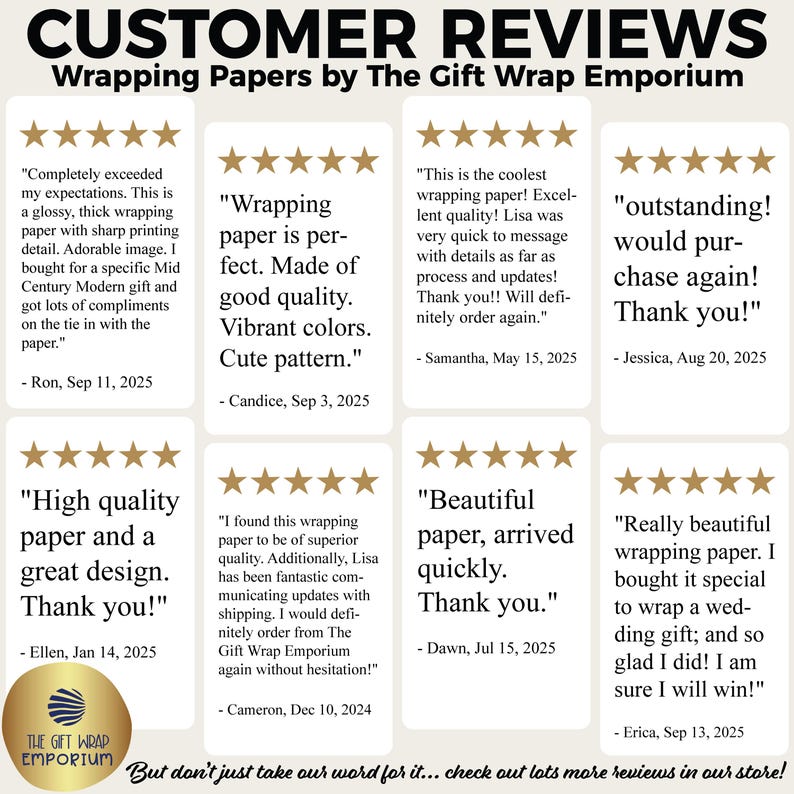 Puede incluir: Gr&aacute;fico de rese&ntilde;as de clientes para papeles de regalo de The Gift Wrap Emporium. Las rese&ntilde;as, con calificaciones por estrellas, destacan la calidad y el dise&ntilde;o del papel. El texto incluye comentarios positivos sobre el producto y el servicio.