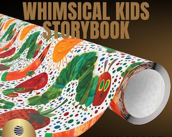Whimsical Kids Storybook Wrapping Paper, Storybook Butterflies, Whimsical Caterpillars,Classic Kids Stories,Timeless Storybook Gift Wrapping