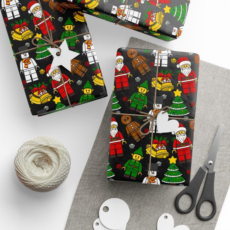 Papel de regalo de bloques de construcción navideños, papel de regalo de Papá Noel de bloques, papel de regalo de juguetes de bloques, papel de regalo de figuras festivas, papel de regalo navideño para niños imagen 6