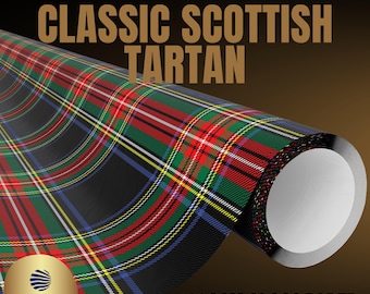May include: A roll of gift wrap featuring a classic Scottish tartan pattern in black, red, green, and yellow. The text reads PREMIUM GIFT WRAP, CLASSIC SCOTTISH TARTAN, 180GSM GLOSS PAPER, MADE AND PRINTED IN THE USA, and THE GIFT WRAP EMPORIUM.