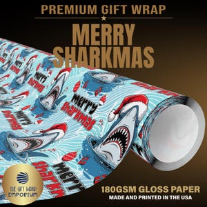 May include: A roll of light blue wrapping paper featuring a repeating pattern of sharks wearing red and white Santa hats, red and white candy canes, and red ornaments. The text Merry Sharkmas is printed in black and red across the paper.