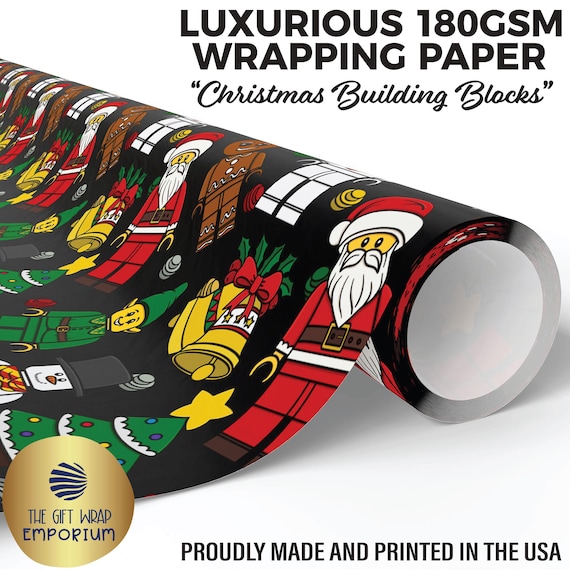 Christmas Building Blocks Wrapping Paper, Block Santa Wrapping, Block Toys Wrapping Paper, Festive Figurines Gift Wrap, Kids Christmas Wrap
