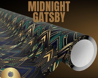 Papel de regalo Gatsby de medianoche, papel de regalo de lujo Art Déco, regalos decorativos de los locos años 20, fiesta del Gran Gatsby, regalos de la era del jazz, papel de regalo glam negro y dorado.