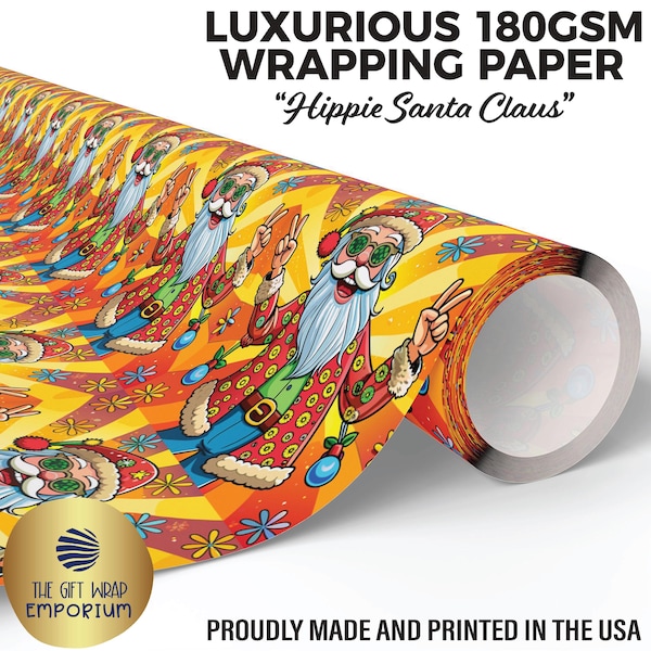 Hippie Santa Claus Wrapping Paper, Hippies Gift Wrap, Retro Christmas, Psychedelic Santa, Seventies Wrapping, Peace Gift, Free-Spirit Gifts
