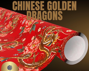 May include: A roll of red gift wrap paper featuring a repeating pattern of golden dragons and pink peony flowers. The text reads PREMIUM GIFT WRAP CHINESE GOLDEN DRAGONS, 180GSM GLOSS PAPER, MADE AND PRINTED IN THE USA, and THE GIFT WRAP EMPORIUM.