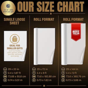 May include: A size chart for gift wrap featuring three options: a single loose sheet measuring 29 x 20 inches, a roll format measuring 29 x 72 inches, and a roll format measuring 29 x 144 inches with a red Best Value tag. Includes imperial and metric units.