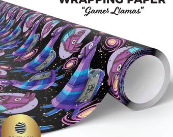 Gamer Llamas Wrapping Paper, Battle Loot Llama Gift Wrap, Whimsical Cosmic Gaming, Llama Gamer Birthday Wrap, Loot Box Llama Wrapping Paper