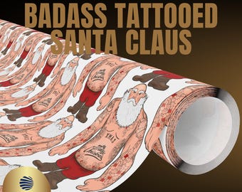 Badass Tattooed Santa Claus Wrapping Paper, Inked Santa, Rockabilly Christmas Wrap, Santa with Tattoos, Inked Christmas, Fun Christmas Wrap