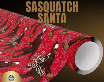 Papel de regalo de Papá Noel Sasquatch, Papel de regalo de Navidad de Criptidos, Papel de regalo de Yeti con gorro de Papá Noel, Papel de regalo de Navidad Sasquatch, Papel de regalo de Yeti