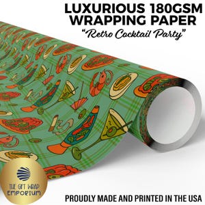 May include: A roll of luxurious wrapping paper with a retro cocktail party design. The paper features a repeating pattern of cocktails, appetizers, and other party-themed illustrations on a green plaid background. The text "LUXURIOUS 180GSM WRAPPING PAPER" is at the top.