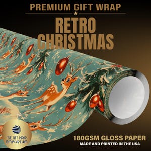 May include: A roll of teal gift wrap paper featuring a repeating pattern of brown deer, green pine branches, red ornaments, and white snowflakes. The text PREMIUM GIFT WRAP, RETRO CHRISTMAS, 180GSM GLOSS PAPER, and THE GIFT WRAP EMPORIUM are visible.